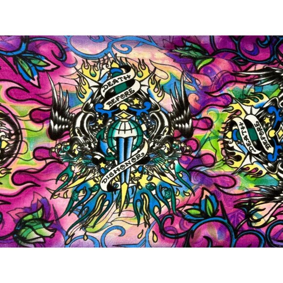 Christian Audigier x Ed Hardy Paisley Print Purple & Pink Fringed Hem Scarf - Picture 7 of 13